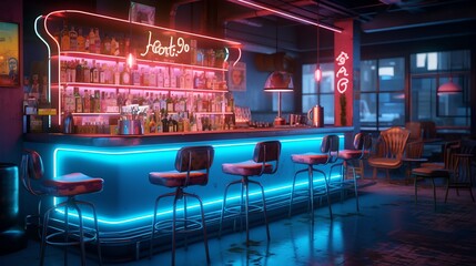 Fototapeta na wymiar Neon bar interior, generative AI