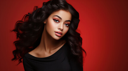 Fototapeta premium Portrait of young brunette woman with long hair wearing dress. Isolated on red background with copy space. AI Generated.