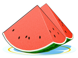 An illustration of two watermelon slices arranged on a white circular plate. The illustration style is clean, simple, and refined.