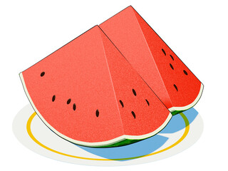 An illustration of two watermelon slices arranged on a white circular plate. The illustration style is clean, simple, and refined.