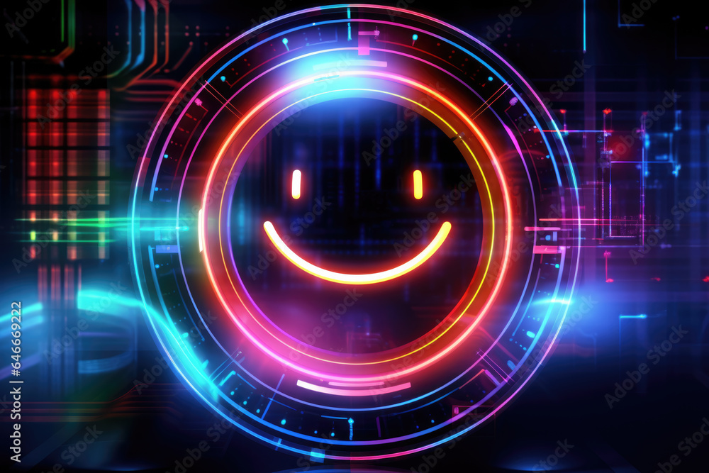 Poster vibrant neon smiley face shines brightly against dark background. this image can add pop of color an