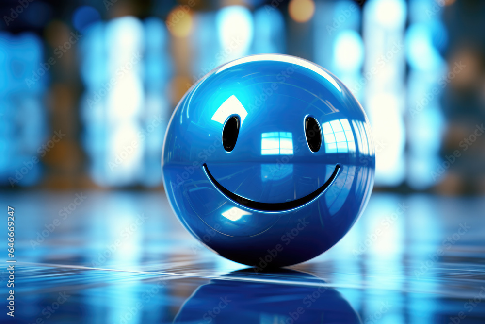 Poster blue ball with smiley face on it. can be used as playful and cheerful symbol in various contexts.