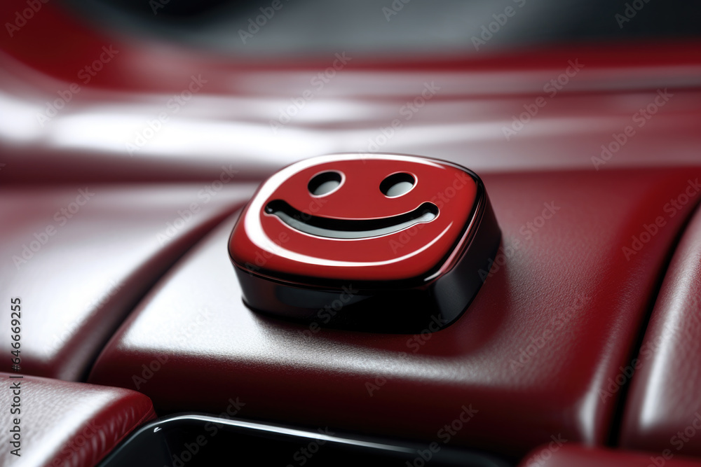 Poster red button with smiley face on it. can be used to express happiness or positivity.