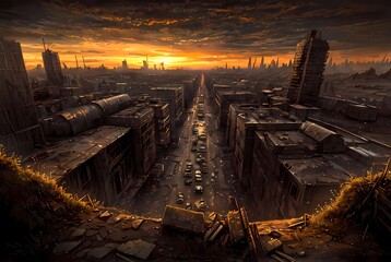 epic post-apocalypse landscape with sunset