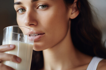 Woman is pictured drinking glass of milk. This image can be used to promote benefits of milk consumption or in health and wellness campaigns.
