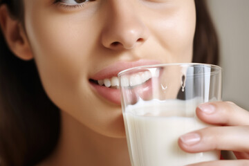 Woman is seen drinking glass of milk. This image can be used to promote healthy lifestyle choices or as visual representation of dairy products.