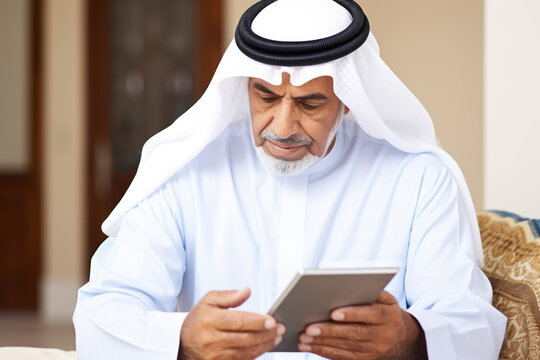 Man is sitting on couch, engaged in looking at tablet. This image can be used to illustrate technology, leisure, or relaxation.