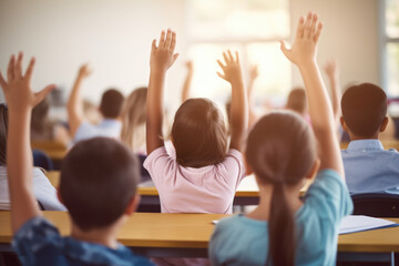 Group of children sitting in classroom, eagerly raising their hands. Perfect for educational and school-related projects.