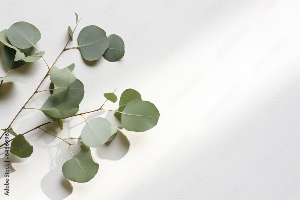 Poster close-up view of bunch of green leaves resting on smooth white surface. this image can be used to ad