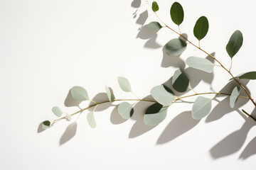 Branch of eucalyptus leaves placed on clean white surface. Purposes, such as botanical illustrations, nature-themed designs, or as background for spa or wellness-related content.