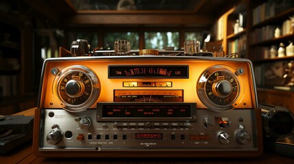 Fototapeta premium Old stylish vintage audio retro music cassette tape recorder poster from the 80s 90s