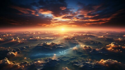 Fototapeta premium Top view of beautiful clouds and earth at sunset