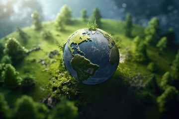 Green globe with trees on top, representing importance of nature and environmental conservation. Can be used to promote sustainability and eco-friendly initiatives.