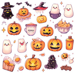 colored pencil set of halloween theme witch element vector illustration