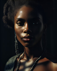 portrait of a woman, beautiful young afro American woman  in the style of candid, mooncore, wabi-sabi, beautiful
