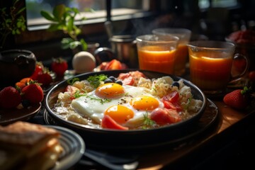 Photo of a delicious breakfast plate with eggs, tomatoes, potatoes and bacon on a table created with Generative AI technology