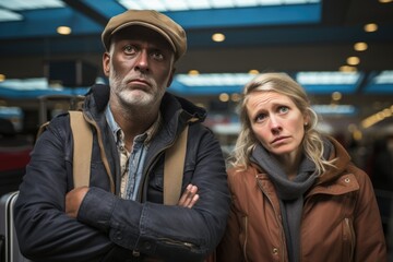 Travel Frustration: Annoyed Retired Tourists with Luggage