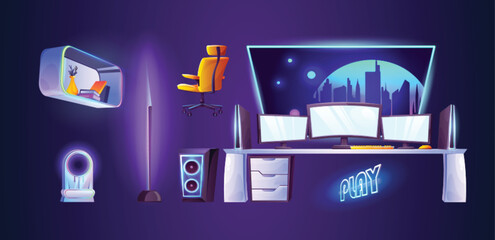 Gamer room design elements set isolated on background. Vector cartoon illustration of programmer workplace, desktop computer screens, keyboard, mouse on desk, loudspeaker, armchair, web camera, shelf