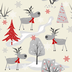 Seamless cartoon Christmas pattern with deer, Christmas trees, trees.