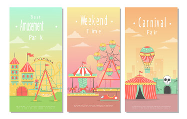 Set of Amusement Park banners with carousels, roller coaster and air balloon. Circus, Fun fair and Carnival theme vector illustration.