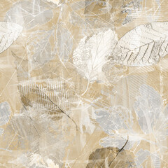 Seamless monochrome pattern with autumn leaves, gray-beige background.