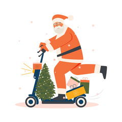 A grandfather with a beard in a Santa Claus costume rides joyfully on an electric scooter with gifts and a Christmas tree. Holiday card isolated on white background. 