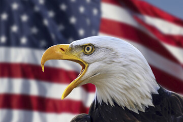 Naklejka premium Bald eagle concept with USA flag on the background