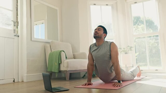 Man, yoga and cobra pose, body and fitness at home for health and healing, laptop for online class and stretching. Wellness, zen with virtual exercise video or lesson, yogi in lounge with pilates