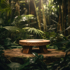 Wooden podium in tropical forest for product presentation and green background.