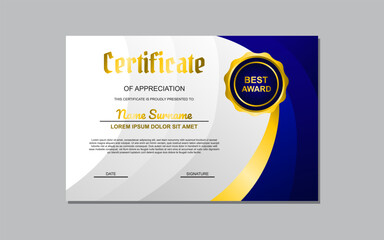 blue and gold certificate template design in luxury style. certificate for appreciation of business and education.