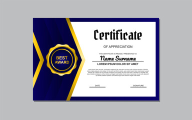 blue and gold certificate template design in luxury style. certificate for appreciation of business and education.