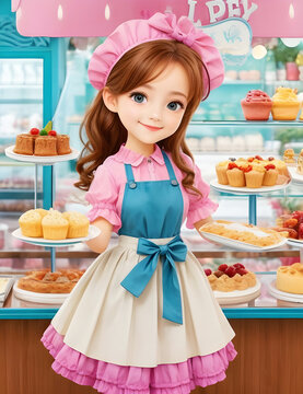 Pretty and friendly pastry girl owner ai generated.