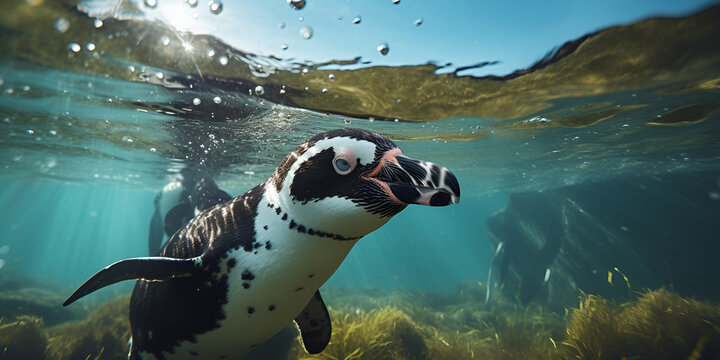 Humboldt penguin underwater swimming wings open looking stock phot,,,,,,
Penguin swimming in water with bubbles. African penguin. Spheniscus demersus. Cape penguin or South African penguin. stock phot