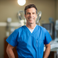 a cinematic photo of a surgeon smiling, blue scrubs, bright background.