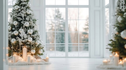 Beautiful Christmas tree and ornaments near window in living room, Christmas background with copy space.
