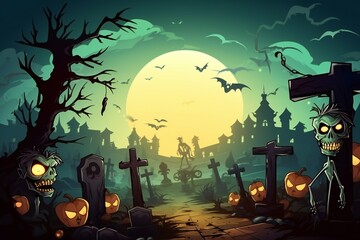 Halloween Party Card, Pumpkins And Zombies in Graveyard, funny zombie Generative AI