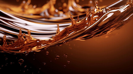 Coffee, cola or tea brown liquid beverage splash background, close up 3d illustration. - obrazy, fototapety, plakaty