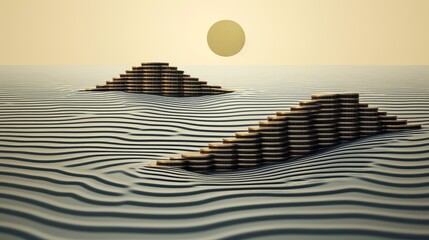 Money Waves: Minimalist waves in a calm financial sea, signifying stability and opportunity