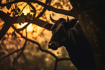 dark silhouette image of a cow flaps on a trees. 