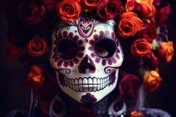 day of dead in Mexico Dia de los muertos portrait of Mexican catrina with roses and Sugar skull makeup