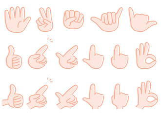 いろいろなハンドサインのカラーアイコンセット　指差しやOKサインなどの手のポーズ