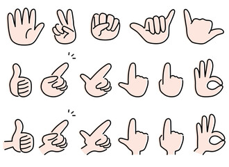 いろいろなハンドサインの黒いアウトラインのカラーアイコンセット　指差しやOKサインなどの手のポーズ