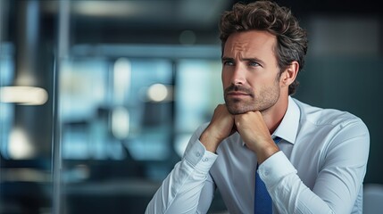 Obraz premium Young businessman thinking about work plan in office