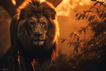 dark silhouette image of a lion prowls in a jungle.  - obrazy, fototapety, plakaty