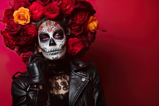 day of the dead young woman represents saint death with sugar skull makeup on red studio background 