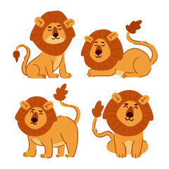 Lion . Set of cute cartoon characters . Hand drawn style . White isolate background . Vector .