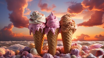 Pastel colored ice cream cones melt into the sea on a summer evening