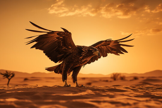 dark silhouette image of a eagle trying to hunt in dessert. 