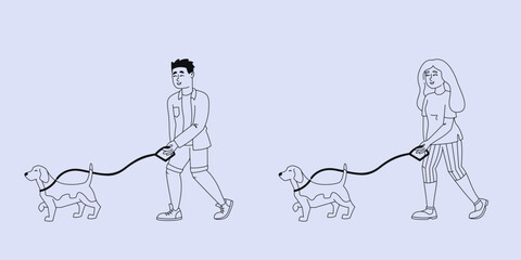 Man and woman walking dogs. People in outline style.