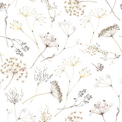 Delicate seamless pattern with dried wild plants. Watercolor isolated floral illustration for wallpapers, textile or background. - 646677264